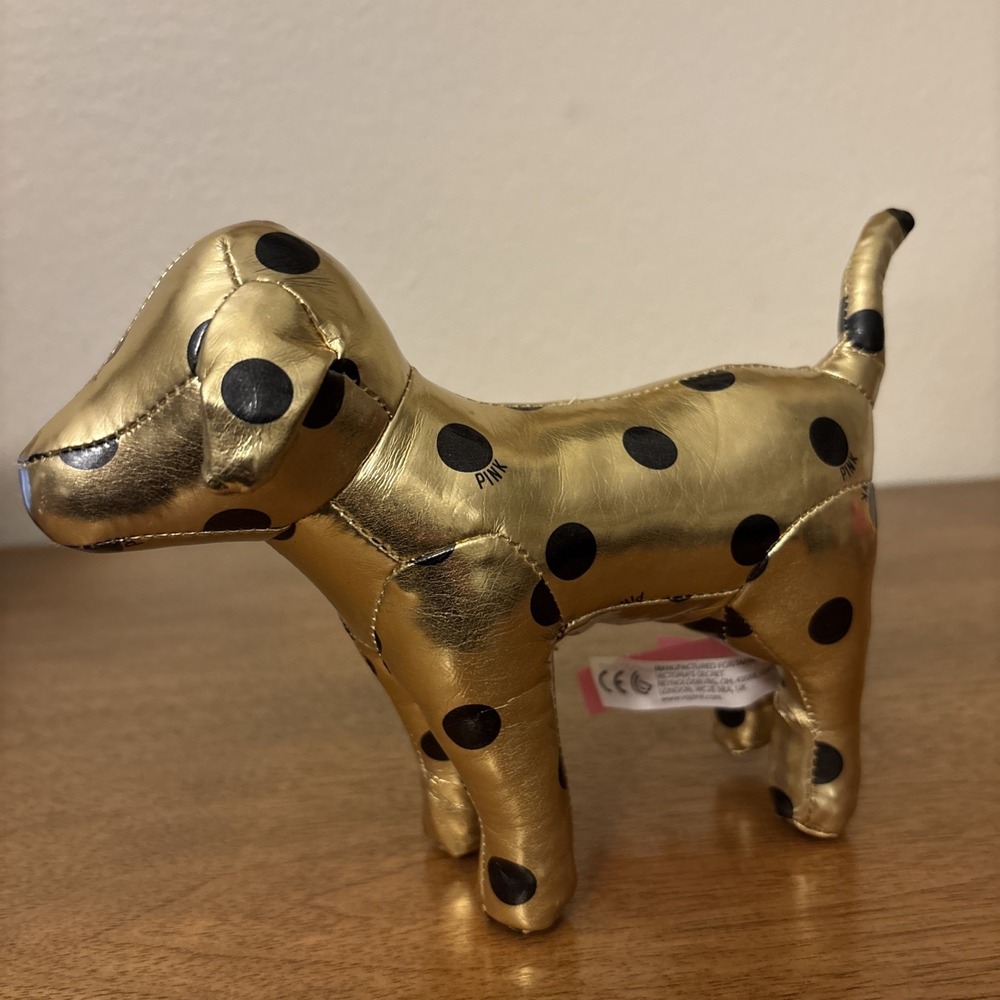2012 Victoria Secret VS PINK‎ plush dog. Shiny gold with black polka dots.